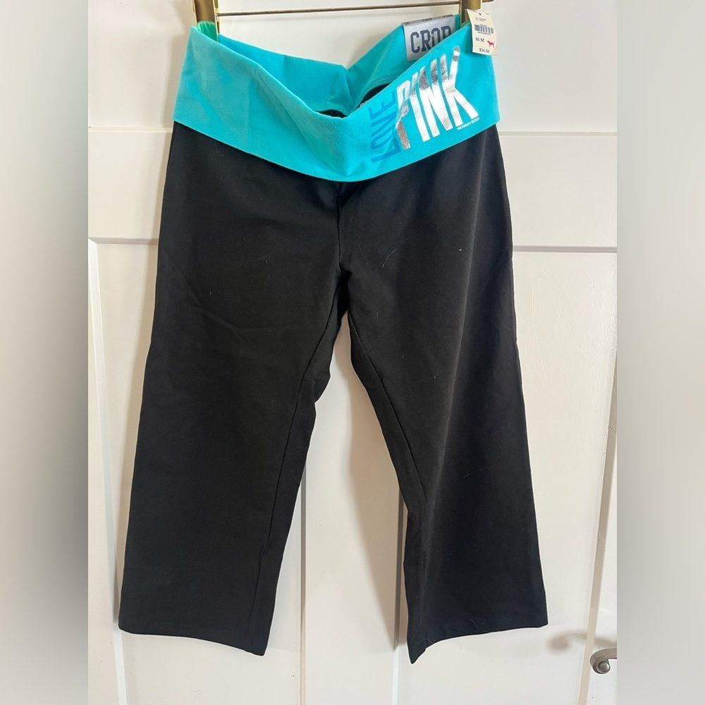 PINK Victoria's Secret Black and Blue Cropped Bottom yoga fold over size med new